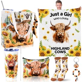 7 Pieces Highland Cow Gifts for Women Cow Lovers Sunflower Cow Print Stuff with 20 oz Highland Cow Stainless Steel Tumbler Blanket Canvas Bag Socks Keychain, Gift for Birthday Valentines Mothers Day