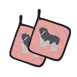 Caroline's Treasures BB3632PTHD Polish Lowland Sheepdog Dog Checkerboard Pink Pair of Pot Holders Kitchen Heat Resistant Pot Holders Sets Oven Hot Pads for Cooking Baking BBQ, 7 1/2 x 7 1/2