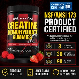 Wekannufod NSF/ANSI 173 Certified Creatine Monohydrate Gummies, 5000mg Creatine per Serving, Sugar-Free Creatine Gummies for Men & Women, Vegan, Gluten-Free, Non-GMO, Strawberry Flavor, 90 Count