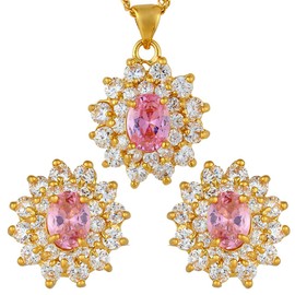 RIZILIA BLOSSOM Jewellery Set Pendant with 45cm(18") Chain & Stud Earrings Oval Cut Gemstones CZ [Pink Sapphire] in 18K Yellow Gold Plated, Simple Modern Elegance