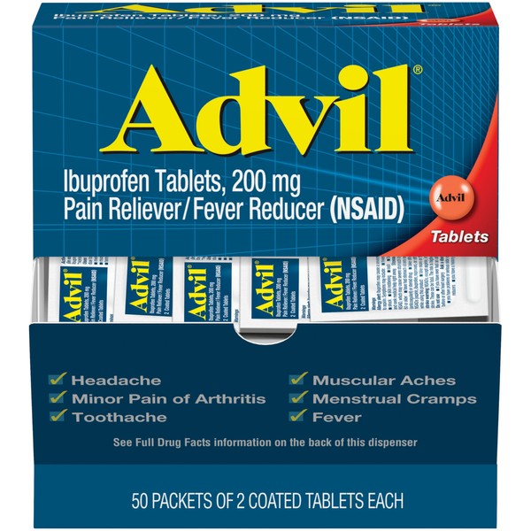Advil Pain Reliever and Fever Reducer, Medicine with Ibuprofen 200mg for Headache, Backache, Menstrual and Joint Pain Relief - 50x2 Coated Tablets