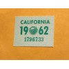 1962 California License Plate Registration Sticker, YOM, CA DMV
