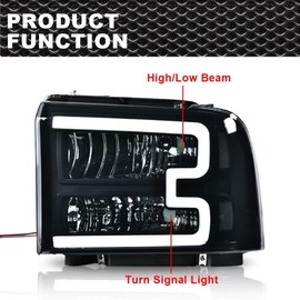 G-PLUS LED DRL Headlights Assembly, Compatible with 2005 2006 2007 Ford F250 F350 F450 F550 Super Duty Headlamp Driver and Passenger Side, Smoky lens Black Housing Clear Reflector