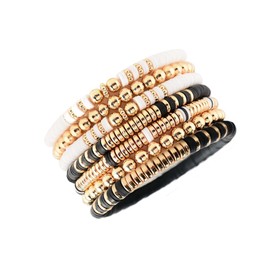 Caiyao Boho 7Pcs Pink Disc Colorful Heishi Surfer Bracelets Set for Women Stackable Clay Bead Ploymer Gold Beaded Stretch Bracelets Summer Beach Layering-Black White