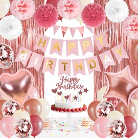 Rose Gold Birthday Decorations 69PCS Happy Birthday Banner Pink Birthday Balloons Fringe Curtains Tissue Pom Poms Party Supplies Birthday Decorations Set for Girl Women Men Baby