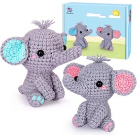 Crochetta Crochet Kit for Beginners, Beginner Crochet Starter Kit with Step-by-Step Video Tutorials, Learn to Crochet Kits for Adults Kids, DIY Knitting Supplies, 2 Pack Elephant Family (40%+ Yarn) crochet