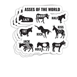 Asses The World Funny Lazy Smart Half Fat Kick Kiss Donkey Gift Decorations - 4x3 Vinyl Stickers, Laptop Decal, Water Bottle Sticker (Set of 3)