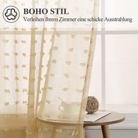 Beige Curtains, Living Room Curtains, Transparent Voile Sheer Curtains, Girls Room, Linen Texture with Eyelets, Pompoms, Eyelet Curtain, Airy Decorative Curtain for Bedroom, Children's Room, 245 x 140 cm