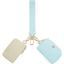 JEEBURYEE Dual Pouch Wristlet Keychain Wallets for Women with 2 Detachable Zipper Coin Purse - Small and Portable Mini Card Wallet for Women Men Gold Hardware Ice Blue+Khaki