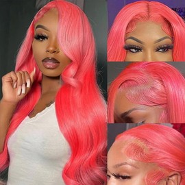 28 Inch 13x6 Pink Lace Front Wigs Human Hair Body Wave 200% Density HD Lace Front Wigs Pre Plucked with Baby Hair Hot Pink Colored Frontal Glueless Wigs for Women