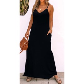 Bluetime Womens Sleeveless V Neck Spaghetti Strap Pockets Beach Boho Tropical Summer Maxi Dress(Z-Black,M)