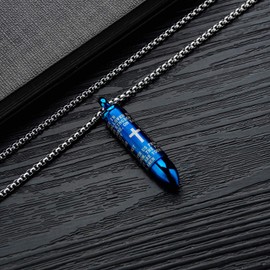 MONIYA Lords Prayer Cremation Urn Necklace for Ashes Stainless Steel Blue Bullet Pendant Cross Necklace, 21.65inch Chain