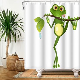 SDOTPMT 90x183cm Süß Karikatur Frosch Duschvorhang Wenig Frosch an Baum Zweig Grün Laub Badevorhang Sommer Tier Weiß Badewannenvorhang für Kinder Badezimmer Polyester Wasserdicht mit Haken