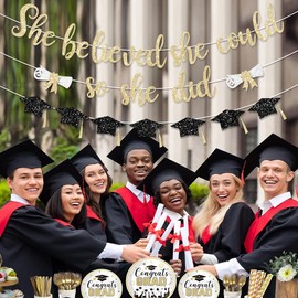 FHGG Pre Strung Congratulations Decorations Banner She Believed Could So She Did Gold Glitter 2025 Garland Graduation Congrats Grad with Tassel Party Decor College School