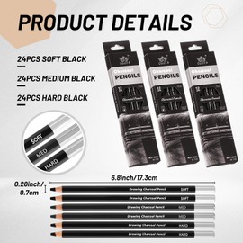 Geyoga 72 Pcs Professional Charcoal Pencils Bulk Soft Medium Hard for Drawing Charcoal Pencils for Art Painting Sketching Shading Drawing Blending Portrait Artists Students Christmas Stocking Gifts