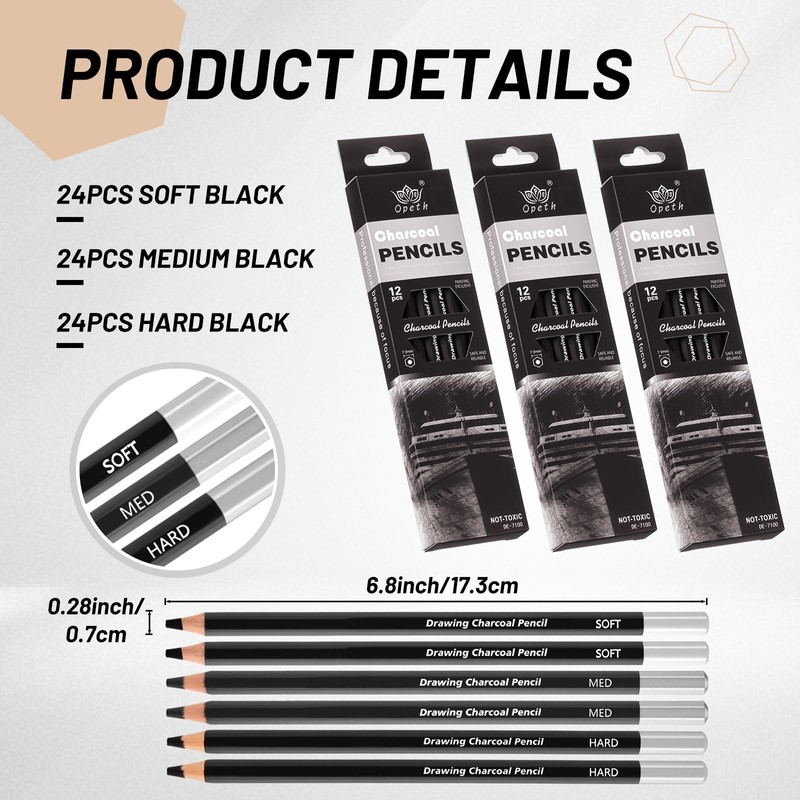 Geyoga 72 Pcs Professional Charcoal Pencils Bulk Soft Medium Hard