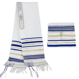 BRTAGG Tallit Prayer Shawl English/Hebrew with Matching Bag (180 x 130cm, Royal Blue)