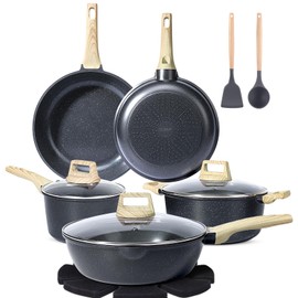 GiPP Pots and Pans Set Non Stick - 10 Pcs White Granite Kitchen Cookware Sets Nonstick Induction Cookware Cooking Pan Set with Frying Pans, Saucepans and Silicone Utensils, PFOS & PFOA Free, Gray