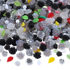 400 Pieces Camellia Flower Nail Charms for Acrylic Nails 3D Rose Floral Nail Gems Pink Leaf Nail Accessories White Pearls Nail Supplies for Women Nail Art Design (Black)