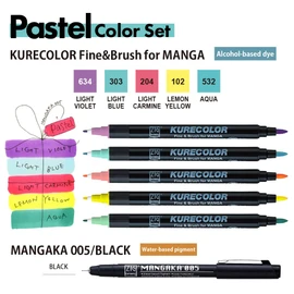 Kuretake Zig Cartoonist Kurecolor Fine & Brush Pastel Set, 5 Colors with MANGAKA Black, Alcohol Based, Double Tip Marker, for Artists, Professionals, Made in Japan