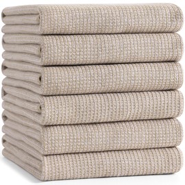 Mordimy Premium Kitchen Towels 6 Pack (18 x 28 Inches, Khaki), Large Cotton Kitchen Hand Towel, Flat & Terry Dish Towels for Drying Dishes, Super Absorbent Tea Dishtowels Set with Hanging Loop