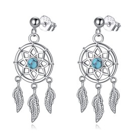 VONALA Dream Catcher Earrings for Women Girls Sterling Silver Turquoise Feather Drop Dangle Earrings Boho Jewelry Gift for Women Teens Girls