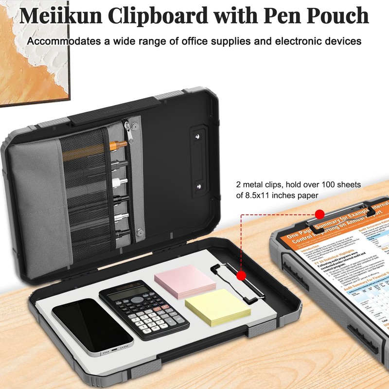 Meiikun Clipboard with Storage, Internal Pen Pouch, 8.5x11 Clipboards Black