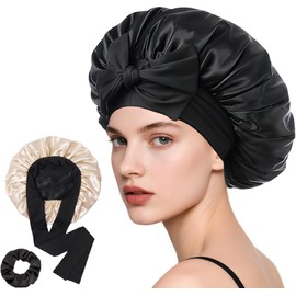 Loomify Satin Hair Cap, Double Sided Silk Bonnet for Sleeping, Adjustable Sleep Cap for Curls, Silk Sleep Bonnet for Women and Girls, Black/Champagne, M