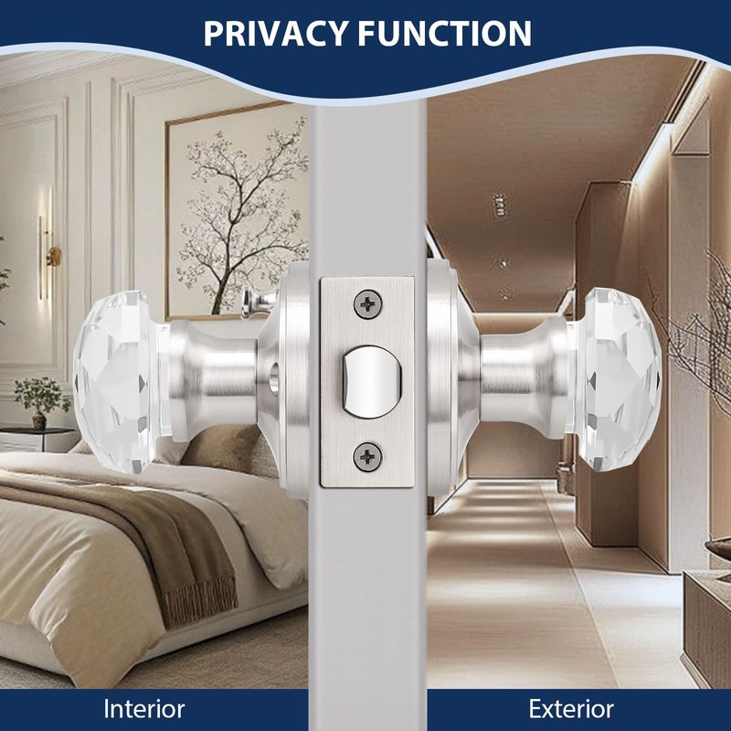 Orger 3 Pack Diamond Glass Door Knobs, Crystal Privacy Door