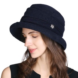 Comhats Winter Cloche Bucket Hat for Women Wool Elegant Dress 1920s Vintage Fedora Bowler Church Derby Party Ladies Medium Navy Blue