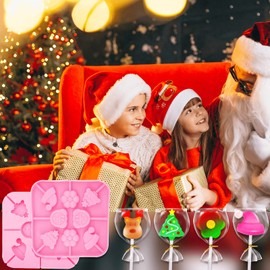 303Piece Christmas Lollipop Molds Set Christmas Silicone Molds Candy Molds elk Santa Clause Snowman Christmas Tree Xmas hat Candy Cane Molds Baking Molds with Lollipop Sticks,Treat Bags and Twist Ties