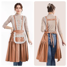 Cute Cotton Apron Lace Ruffle Hem Adjustable Pinafore Apron Dress with Pockets Comfortable Kitchen Apron for Cooking Baking Cleaning Gardening