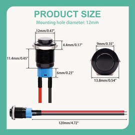 Twidec/5PCS 12mm Latching Push Button Switch ON Off Mini Round Waterproof Black Shell 12V 24V 36V 110V 250V 2A Raised Head with Pre-soldered Wires L-12-BK-G-X