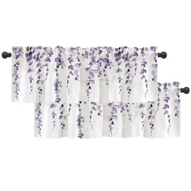 2 Pack Watercolor Purple Leaves Window Valance for Bedroom Living Room, Lavender Leaf Plant Curtains Valanes for Windows, 3" Rod Pocket Window Treatment for Home Decorations, 54 x 18 Inch, 2 Panel