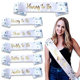 Blue Planet Fancy Dress Satin Auntie to Be Sash – White with Gold Text & Botanical Flowers – Neutral Unisex Baby Shower Sash for Aunts – Party Decoration & Keepsake Gift