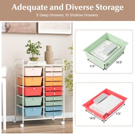 RELAX4LIFE 15-Drawer Storage Drawer Carts - Mobile Rolling Utility Cart w/Wheels, Craft Organizer for Classroom Organization and Storage, School, Office, Home, Storage Organizer Cart (Gradient Color)