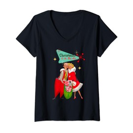 Retro Christmas Is In The Air Couple Santa Suit Bag Presents V-Neck T-Shirt