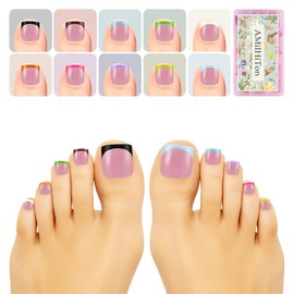 300PCS Soft Mist Rose Summer Mix 10-Color French Tip Press-On Toenails, Square Full-Coverage Gel False Toenail Extensions, 15 Sizes Pre-Shaped for Women DIY & Professional