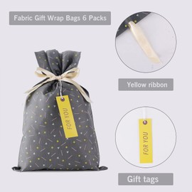 Yatinbos Fabric Gift Wrap Bags, Grey Reusable Cloth Gift Bags Sets of 6 with Drawstring and Tags for Christmas Holiday, Birthday, Wedding or Daily Gift, 12" x 18"(Yellow Drawstring)