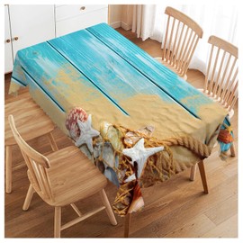Walmsco Tablecloth Blue Wooden Board Beach Starfish Decor For Dining Room Kitchen Rectangular Table Cover 132 * 178cm