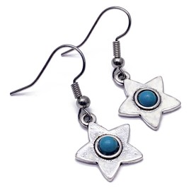 Star Charm Earrings - Tibetan Silver Tone Charms with Turquoise Stone on Nickel Free Hooks : 34mm