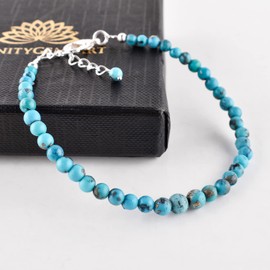 InfinityGemsArt Natural Copper Turquoise Gemstone Beaded Dainty Bracelet Jewelry for her, Birthstone, Energy Healing Crystals, Silver Plated Chain 8 inch