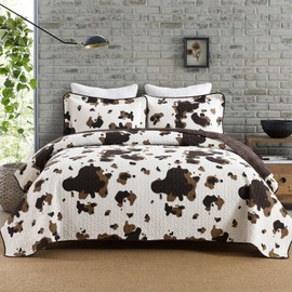 PANGUSHAN 100% Cotton Quilt King Size, Cow Print King Bedspread, King Size Lightweight Comforter, Reversible Western Bedding Set, Rustic Farmhouse Quilt with Pillow Shams, 3 Piece, Brown