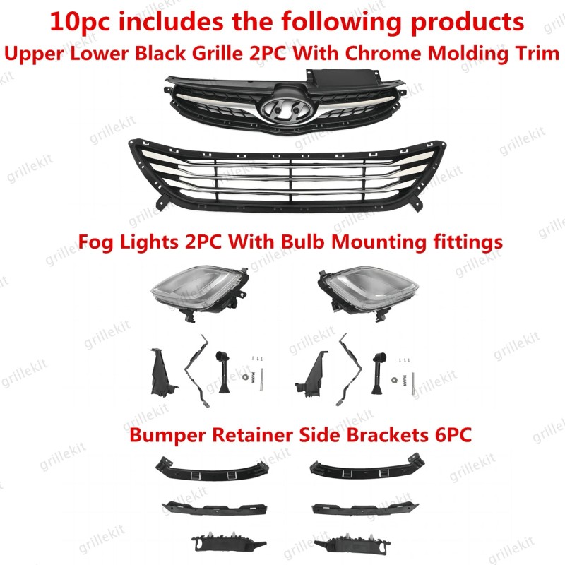 ROKY 10PC For Elantra 2011-2013 Front Chrome Grille Mesh Fog