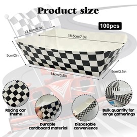 100 Pcs Checkered Race Car Paper Food Trays with 100 Deli Liner, Disposable Paper Food Boats Nacho Trays, Black & White Plaid Serving Tray for Snack Hot Dog for Racing Theme Baby Shower Party