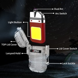 SUPRUS Waterproof Lighter 3 Modes of Flashlight Windproof Lighter Dual Arc Electric Lighters Rechargeable Dual Arc Plasma Lighter with Survival Emergency Whistle and Lanyard (Red)