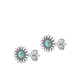 Sterling Silver Oxidized High Polished Simulated Turquoise Flower Stud Earrings .925 New