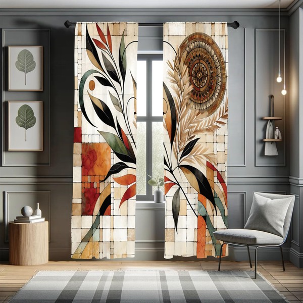 Ambesonne Boho Window Curtains, Oriental Autumn Tones Abstract Mandala Flower