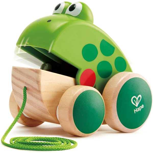 Hape Frog Pull-Along | Wooden Frog Fly Eating Pull Toddler Toy, Bright Colors