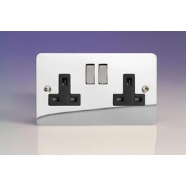 XFC5DB - Varilight - Ultra Flat Plate - Polished Chrome Black & Metal Inserts - 2 Gang 13Amp Plug Socket